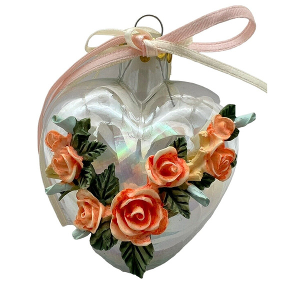Decorative Ornaments Peach Glam Ribbon Lacy Frosted Ball Heart Roses Clear Glass - Picture 4 of 13